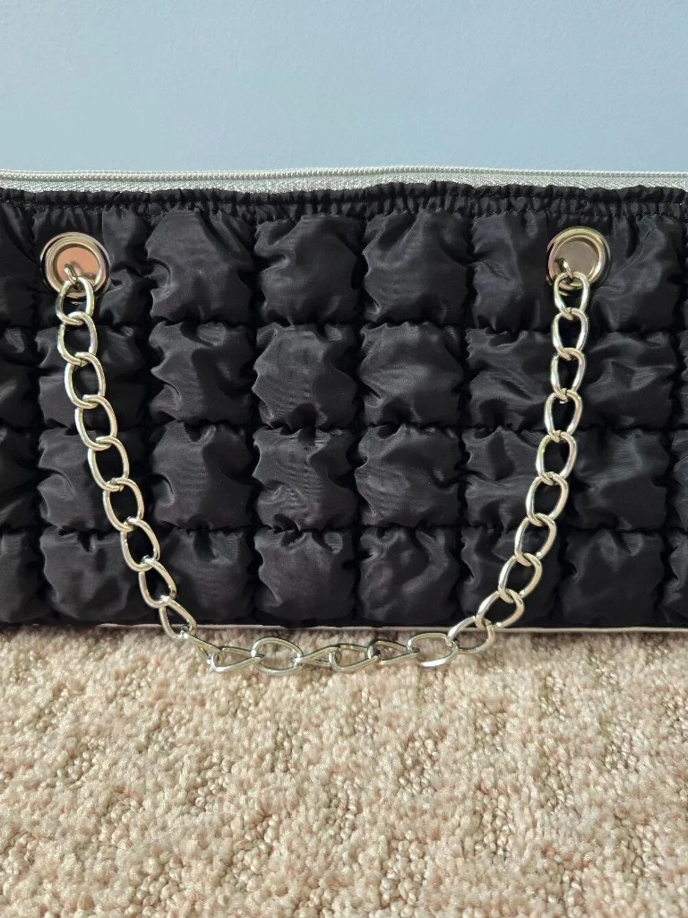 Black Quilted Insulated Wine Tote Bag Purse, Silver Chain Handles, NWOT!